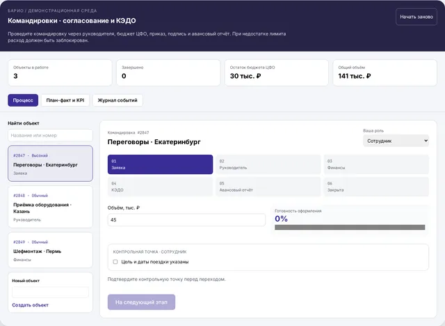 Демонстрационный интерфейс: Командировки и КЭДО
