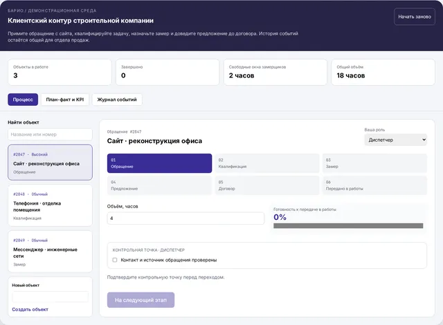Демонстрационный интерфейс: Омниканальные продажи строительной компании