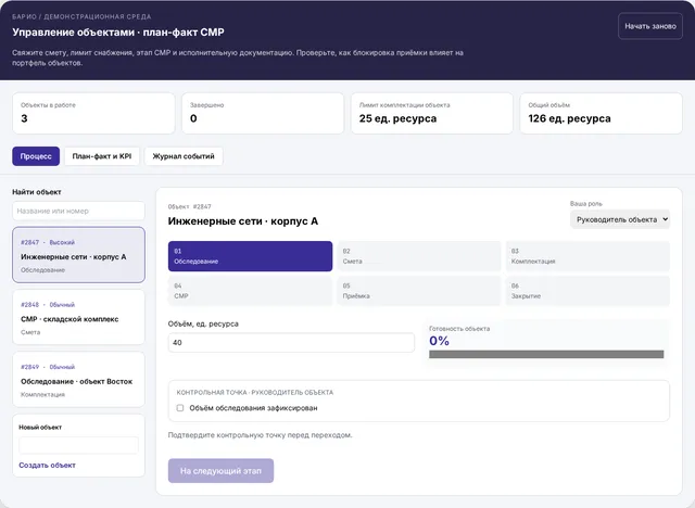 Демонстрационный интерфейс: Управление строительными объектами: сметы, СМР и экономика