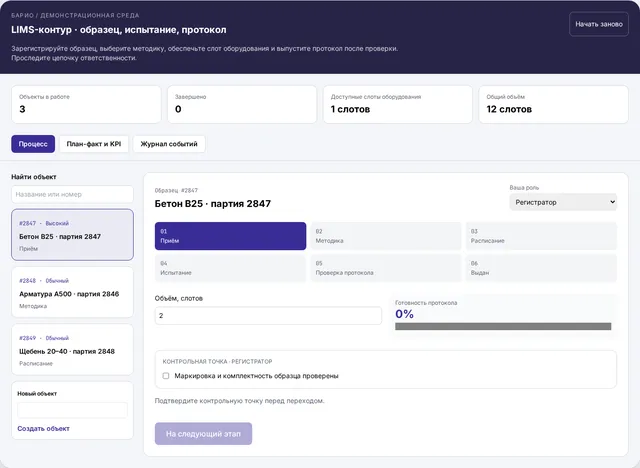 Демонстрационный интерфейс: Цифровая лаборатория: образцы, испытания и протоколы