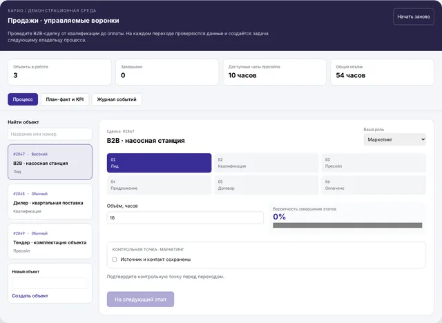 Демонстрационный интерфейс: Воронки продаж с автоматизацией